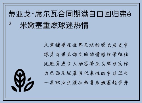 蒂亚戈·席尔瓦合同期满自由回归弗鲁米嫩塞重燃球迷热情