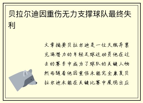 贝拉尔迪因重伤无力支撑球队最终失利 贝拉尔迪因重伤无力支撑球队最终失利